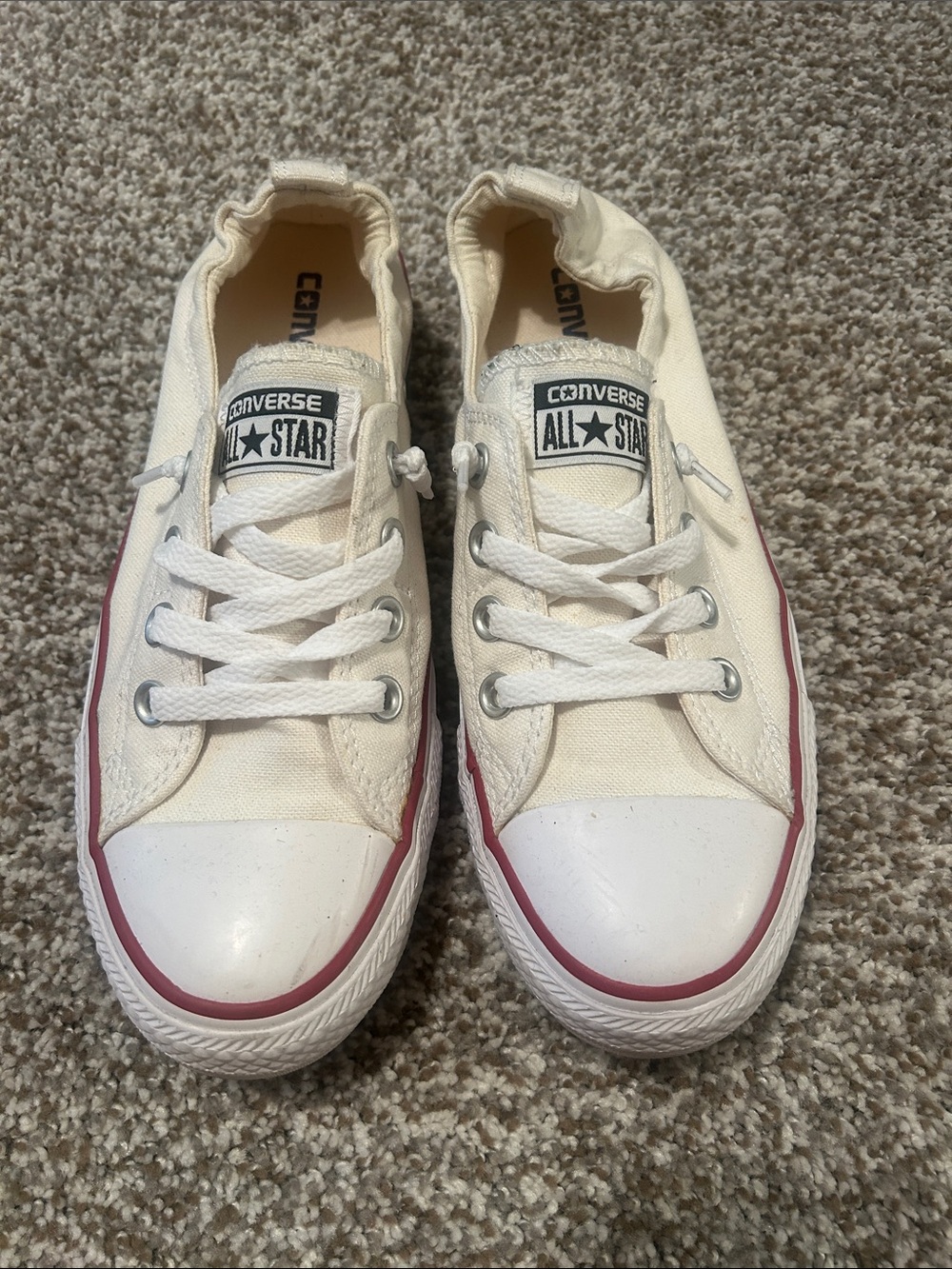 Converse Canvas Low Top Sneakers in Off-White with Red Trim, Elastic Back